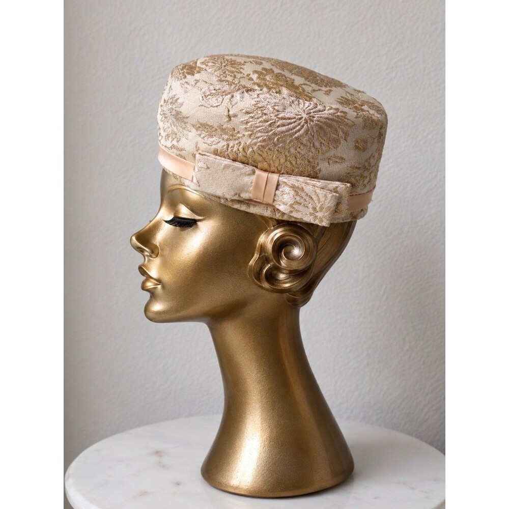 Vintage 1960s Marche Exclusive Pillbox Hat Gold Brocade Satin Bow Union Made